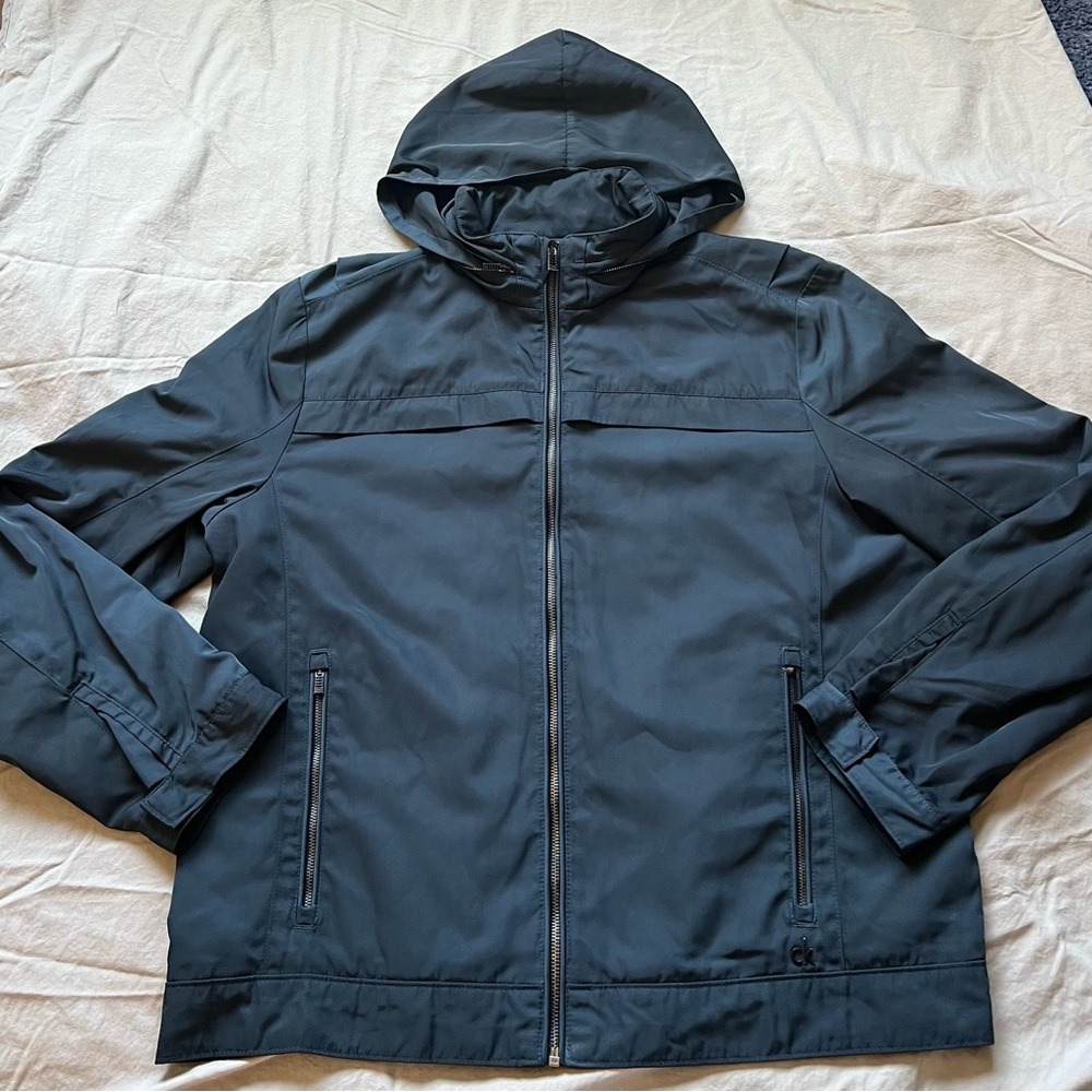 CALVIN‎ KLEIN Jacket Mens Size Large Dark Green Hooded Raincoat Full Zipper